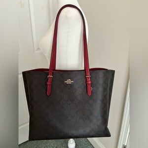 Coach Signature Brown Tote with Red Straps